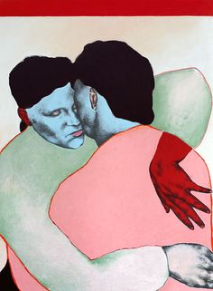 a painting of two people hugging each other with one holding the other's arm