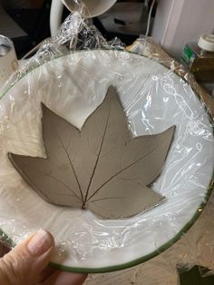 a person holding a plate with a leaf cut out of it on top of plastic