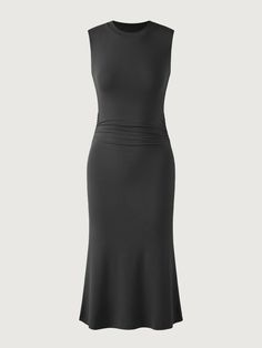 Ogl Eco-SkinKiss® Ruched Side Wide Shoulder Crew Midi Dress – OGLmove Black Non-stretch Midi Dress, Black 4-way Stretch Sleeveless Dress, Black Stretch A-line Midi Dress, Black Non-stretch Solid Midi Dress, Black A-line Midi Dress With Ruched Detail, Capsule Outfits, Ribbed Fabric, Outfit Sets, Everyday Essentials Products