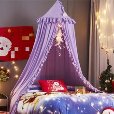 a bedroom decorated for christmas with lights on the ceiling and purple bed canopy over it