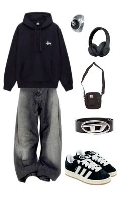 a black hoodie, jeans and headphones are arranged on a white background with accessories