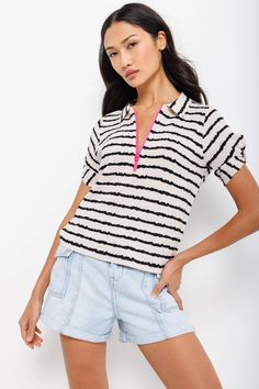 Cotton Blend Model is 5'9" and is wearing a size Small Lisa Todd, Striped Tee, Black Crop Tops, Short Sleeve Polo, Jeans For Sale, White Long Sleeve, Cashmere Sweaters, Classic Looks, Black Cotton