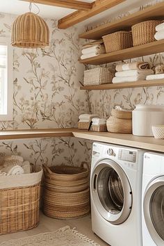 a washer and dryer in a laundry room with baskets on the shelf next to it