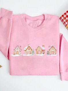 Casual Sweet Gingerbread House Print Pattern Pink Round Neck Thick Fleece Loose Fit Women Sweatshirt, Suitable For Autumn/Winter Christmas Baby Pink Casual  Long Sleeve Knitted Fabric Christmas,Plants Pullovers Slight Stretch  Women Clothing, size features are:Bust: ,Length: ,Sleeve Length: Sweet Gingerbread, Leopard Print Sweatshirt, House Print, Christmas Plants, Women Sweatshirt, Pink Round, Knit Sleeve, Round Neck Sweatshirts, Cozy Chic