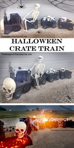 two different pictures with the words halloween crate train on it and skeleton decorations in front