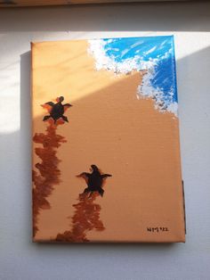 an acrylic painting of two turtles on the beach