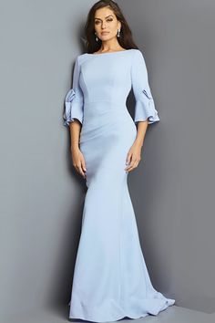 Jovani 09776 - Boat neck three quarter sleeve sheath evening gown. The sleeves have bow details. Fall Gowns, Cute Fall Outfits For School, Gowns With Long Sleeves, Outfits For School Casual, Skirts Fall, Outfits Women Casual, Plastic Dress, Fall Outfits For School, European Dress