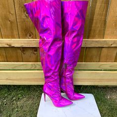 New, Never Worn Cape Robbin Hot Pink Glossy Metallic Thigh High Boots Pointy Toe 5" (Approx) Stiletto Heels Inside Zipper For Easy On & Off Definitely Will Turn Heads Measurement Are On A Size 7 (Increase As Size Goes Up) Monitor Settings May Vary Pink Boots For Night Out During Party Season, Pink Heeled Party Boots, Pink Fitted Heeled Boots For Party, Fitted Pink Heeled Boots For Party, Pink High Heeled Knee-high Boots For Party, Pink High Heel Club Boots, Pink High Heel Boots For Club, Fitted High Heel Knee-high Boots For Party Season, Trendy Thigh High Heeled Boots For Party