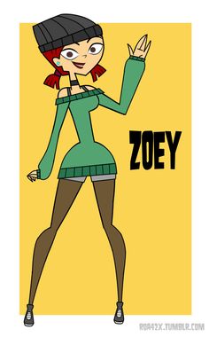 a cartoon character with the word zooy written on her chest and hand up in the air