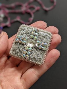 Silver square brooch embroidered with threads, beads, sequins, crystals, a unique gift for a girl, mother Crystals Beads, Square Beads, Wedding Gift Baskets, Square Bead, Silver Brooch, Gifts For Girls, Crystal Beads, Brooch Pin, Favorite Jewelry