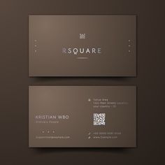 a business card with a qr code on the front and back side, in dark brown