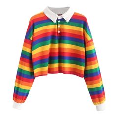 Rainbow Collared Top - Tops Spring Blouses, Crop Top Sweatshirt, Striped Crop Top, Collar Top, Kawaii Clothes, Crop Sweatshirt, A Rainbow, Casual Sweatshirt, Long Sleeve Sweatshirts