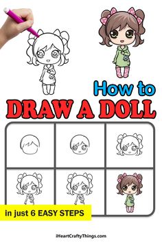 How To Draw Dolls Step By Step, Drawing Doll Easy, Drawing Of Doll Easy, How To Draw A Child, How To Draw Little Kids, Draw Cartoons, Beginner Drawing, Drawing Toys, Doll Drawing