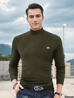 Russoo - Casual Mens Solid Mock Neck Long Sleeve Active T-shirt: Comfortable Spring/Summer/Autumn Apparel for Men Casual Stretch T-shirt For Outdoor, Casual Stretch T-shirt For Outdoor Activities, Casual Cotton Turtleneck T-shirt, Casual Turtleneck Top, Casual Green T-shirt For Winter, Khaki Crew Neck Top For Winter, Winter Crew Neck Khaki Top, Winter Khaki Crew Neck Top, Casual Fitted T-shirt For Outdoor