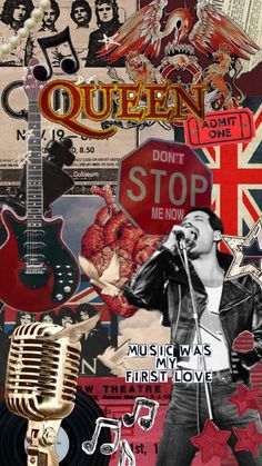 a collage of music related items including a microphone, guitar, and british flag