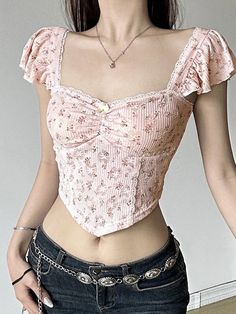 Ruching design on chest, Soft floral patterns, Fluttering sleeves, Irregular pendulum, Cute bow in front, Material: 95% Cotton 5% Spandex Color: Pink Size: S, M, L Unit: CM Bust Waist Shoulder Length Sleeve S 77 66 34 46 14.5 M 81 70 35 47 15 L 85 74 36 48 15.5 Tips: 1cm ≈ 0.3937 inch Kindly note: There may be 2-3cm er Cute Tops Aesthetic, Kawaii Fairycore, Gyaru Kawaii, Coquette Clothes, Coquette Top, Thrift Inspo, Clothes Wishlist, Wardrobe Goals, Casual Sundress