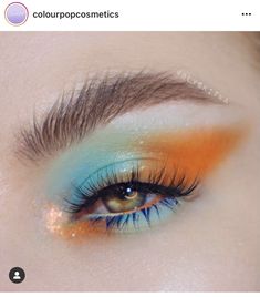 Creative Eye Makeup Tutorial, Colourful Makeup Looks Creative, Orange Make Up, Blue And Orange Makeup, Colourful Eyeshadow Looks, Shimmer Eye Look, Orange Makeup Looks, Colourful Eye Makeup, Makeup Colourful