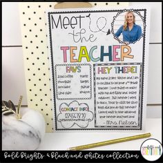 a teacher's poster with the words meet the teacher on it next to a pumpkin