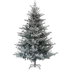 a white christmas tree with snow on the top and bottom branches, is shown in front of a white background