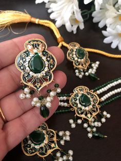 This beautiful set speaks for itself. Get your hands on this Hyderabadi champagne and emerald meena kari stones necklace /choker,earrings,mang tikka set. Set includes : necklace, earrings,tikka, In stock and ready to ship. Hand crafted and gold plated kundan indian/pakistani jewelry Material:brass,stone,gemstone,pearl We bring you casual as well as party wear jewelry which comes with an attractive design and style. It goes well modern and traditional outfits. Visit my website for more collection Bollywood Bridal Sets With Stone Work For Gifts, Bollywood Style Jewelry Sets For Eid Gift, Eid Stone Work Sets As Gift, Eid Gift Sets With Stone Work, Kundan Bridal Sets For Eid Gift, Traditional Jewelry Sets With Stone Work For Party, Traditional Jewelry Sets With Intricate Design For Party, Eid Gift Kundan Bridal Sets, Traditional Party Jewelry Sets With Intricate Design