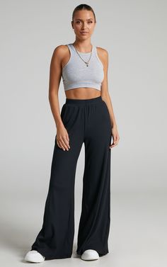 Amalthea Pants - High Waisted Jersey Rib Wide Leg Pants in Black Baddie Wardrobe, Athletic Pants Outfit, Wide Leg Sweatpants Outfit, Flowy Pants Outfit, Baggy Pants Outfit, Black Pants Outfit, Wide Leg Pants Outfit, High Waisted Wide Leg Pants, Pants Outfit Casual