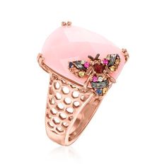 Ross-Simons - Pink Opal Bumblebee Ring, .10ct t. w. Multicolored Sapphire, Garnet Accent Over Sterling. Size 6. An RS exclusive. Here's a sweet treat that won't break the beehive! On the ring, a chic bumblebee dressed in .10 ct. t. w. round multicolored sapphires and a garnet accent finds its resting place on a fabulous 16x12mm rectangular cushion-cut pink opal. Set in polished 18kt rose gold over sterling silver. Black rhodium. 5/8" wide. Pink opal bumblebee ring. Garnet birthstones are the per Promise Ring Band, Pink Engagement, Rhodolite Garnet Ring, Garnet Birthstone, Colored Stone Rings, Ethiopian Opal Ring, Pink Spinel, Beautiful Wedding Rings, Diamond Gift