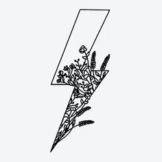 a black and white drawing of a lightning bolt with flowers