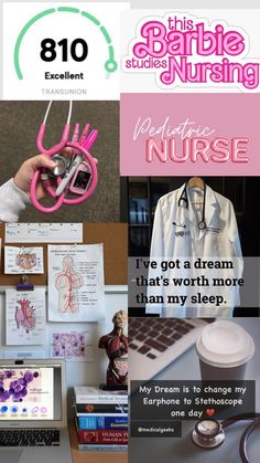 the collage shows images of various medical items and information about nursing, including an open laptop