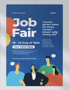 an advertisement for a job fair with people talking to each other on the side of it