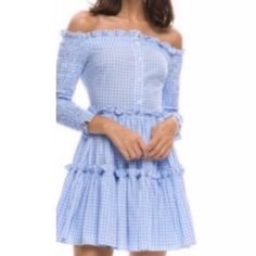 Brand New With Tags! Never Worn. Adorable And Flirty English Factory Blue/White Gingham Off The Shoulder Mini Dress Size: Xsmall (Size: 2/4) Measurements Are Approximate- Please Check For Proper Fit! Chest: Approx. 16" Flat (32") Waist: 14" (28") Length: 29" Mini Length Above Knee Button Front Allover Blue/White Gingham Print Elastic Smocked Bodice Off The Shoulder (Can Be Worn On Or Off Shoulders) Long Sleeves Side Zip Skirt Is Lined 50%Cotton/50 Polyester Fitted Blue Plaid Casual Dress, Blue Mini-length Plaid Dress For Spring, Blue Mini Length Plaid Dress For Spring, Blue Plaid Mini Dress For Spring, Fitted Blue Plaid Dress For Spring, Blue Plaid Dress For Spring Day Out, Fitted Mini Plaid Dress With Ruffles, Fitted Mini Length Plaid Dress With Ruffles, Blue Plaid Mini Dress For Picnic