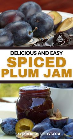 delicious and easy spiced plum jam recipe with fresh fruit in the background, on a white plate