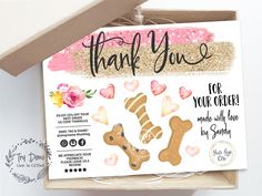 a thank you card in a box with some stickers on the front and back