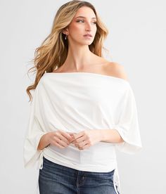 Hyfve Dolman Off The Shoulder Top - White XX-Large, Women's White Banded cinch tie top Bust measures 30 on size small Body length 25 on size small. Self: 95% Polyester 5% Spandex. Hand wash cold water. Do not bleach. Line dry. Iron low. Do not dry clean.. Measurements: Bust -Fullest part of bust with arms at sides. Waist -Circumference of natural waist: above belly button below rib cage. Hips -Standing with feet together fullest part of hips. WOMEN'S TOP SIZE CONVERSION CHART Size US/CAN BUST WA Chic Stretch Tops For Brunch, Versatile Tops For Fall Brunch, Chic Tops With Batwing Sleeves For Spring, Chic Batwing Sleeve Tops For Spring, Chic Spring Tops With Batwing Sleeves, Casual Drapey Blouse, Versatile Off-shoulder Tops For Day Out, Summer Drapey Top With Batwing Sleeves, Summer Batwing Sleeve Drapey Top