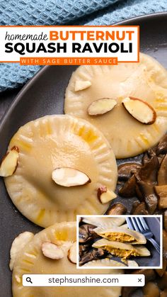 A close view of homemade butternut squash ravioli on a plate, an inset image shows the ravioli cut in half to reveal butternut squash filling, text says, "homemade butternut squash ravioli." Sage Sauce, Sage Butter Sauce, Butternut Squash Ravioli, Sage Butter, Ravioli Recipe