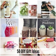 the collage shows different types of gifts in mason jars and vases with ribbons on them