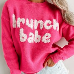 Mainstrip Boutique Brunch Babe Pink Acrylic Pullover Sweater. Nwt. Size Medium. Winter Brunch Tops, Cozy Spring Sweater With Letter Print, Cozy Letter Print Sweater For Spring, Long Sleeve Winter Sweater For Brunch, Winter Sweater For Brunch, Casual Spring Sweater For Brunch, Winter Brunch Knit Sweater, Winter Knit Sweater For Brunch, Trendy Letter Print Sweater For Spring