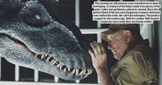 an old man is touching the head of a large dinosaur in front of his face