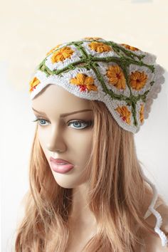 "Ready to Ship!  ♥ Spring bandana, Floral Daisy  Headband, Crochet Bandana, Retro Summer Accessory Hair Kerchief Valentine's Day Mother's Day Gift for Her Colorful Headband,  Crocheted, for Spring Headband, Summer and fall  ●Triangular shape Crocheted with acrylic yarn (mix of white, yellow, red, green colors yarn) daisy floral pattern ●  Measurements; ● Length: approx. 16\" ● Width: approx. 11\" ●Wash warm  READY TO SHIP \"\"\" S H I P P I N G * & * P O L I C I E S \"\"\" I ship via National Po Spring Beach Bandana Headband, Bohemian White Headband, Summer Festival Hair Accessories: Headband, Summer Festival Hair Accessories Headband, Festival Headwrap Headband, Spring Festival Headscarf One Size, Bohemian Festival Headband One Size, White Adjustable Hair Accessories For Beach, Adjustable White Hair Accessories For Beach