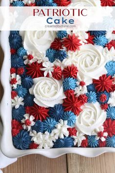 patriotic cake with red, white and blue frosting in a square pan on a wooden table