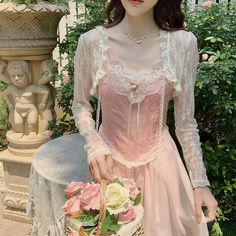 Lace Peach Dress, Fairy Core Corset Outfit, Pink Lace Cardigan, Pink Victorian Dresses, Dress Peach, Pink Dress Lace, Pink Rose Dress, Pretty Pink Dress, Peach Colored Outfits