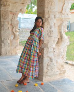 A free flowing heavily gathered dress with mandarin collar in a beautifully handwoven madras checks with an embellished stitch of Kantha. Madras Checks, Madras Dress, Gathered Dress, Checkered Dress, Free Flowing, British Indian, Art Clothes, Mandarin Collar, Blue Shirt