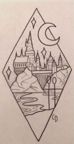 a drawing of a castle with the moon and stars on it's side, in black ink