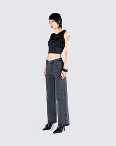 A casual, yet classy all black fit…name something better 🖤 With a black jersey cropped top, and grey denim wide leg jeans - this two-piece set will immediately make it known that your one chic b*tch 💅 Chic Cropped Flare Jeans, Black Cropped Bottoms For Evening, Edgy Cropped Top For Evening, Trendy Black Flare Jeans For Night Out, Casual Evening Crop Top, Edgy Evening Crop Top, Black Cropped Bottoms For Streetwear, Chic Black Crop Top For Streetwear, Edgy Wide Leg Jeans For Night Out