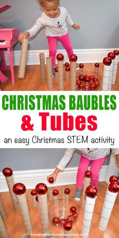 Tubes and Christmas Baubles - HAPPY TODDLER PLAYTIME Christmas Stem Activities, December Activities, Christmas Stem, Christmas Games For Kids, Christmas Activity, Winter Preschool, Christmas Activities For Kids, Christmas School