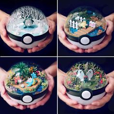 four different views of the inside of a pokemon ball with images of people holding it