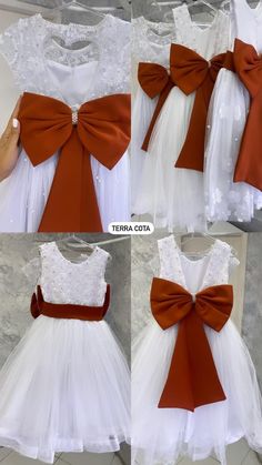 four different pictures of dresses with bows on the front, back and side views in white and red