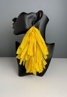 Yellow fabric fringe frayed long hanging earrings. Statement piece earrings. Bold, fun, attention-getting.  Made for pierced ears. Yellow Fringe Tassel Earrings, Yellow Fringe Earrings For Summer, Festival Fringe Tassel Earrings, Yellow Tassel Earrings For Festival, Yellow Fringe Jewelry For Party, Yellow Tassel Drop Earrings For Party, Yellow Dangle Tassel Earrings For Party, Festival Tassel Earrings With Fringe, Yellow Fringe Tassel Drop Earrings