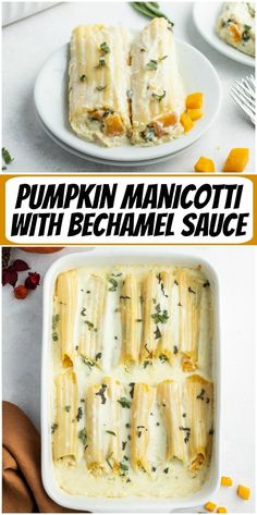 pumpkin manicotti with bechamel sauce in a white casserole dish