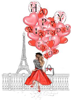 a drawing of a girl holding balloons with the eiffel tower in the background