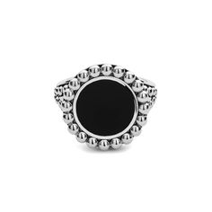 Onyx gemstone circle ring with sterling silver Caviar beading. Luxury Onyx Round Signet Ring, Timeless Round Onyx Jewelry, Modern Round Jewelry With Stone Setting, Fine Onyx Jewelry, Modern Round Stone Setting Jewelry, Silver Onyx Signet Ring, Black Rings With Round Beads As Gifts, Elegant Sterling Silver Full Circle Ring, White Gold Round Jewelry With Black Enamel